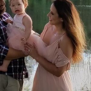 Pink/peach off the shoulder dress